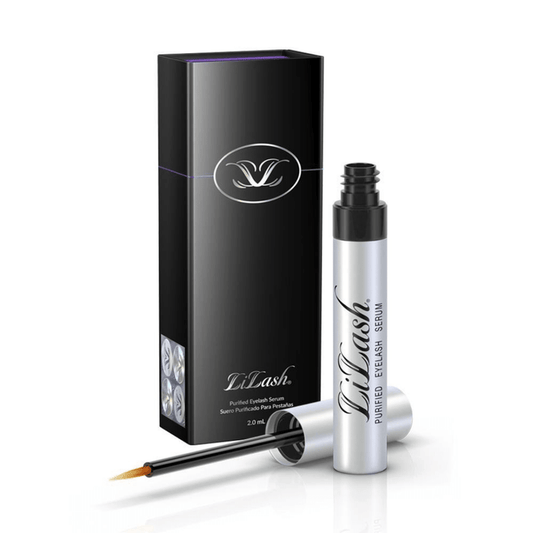 LiLash Purified Eyelash Serum (3 & 6 Month Supply) | LiLash Beauty in a sleek silver tube with black and white packaging, featuring an applicator brush for eyelash enhancement.