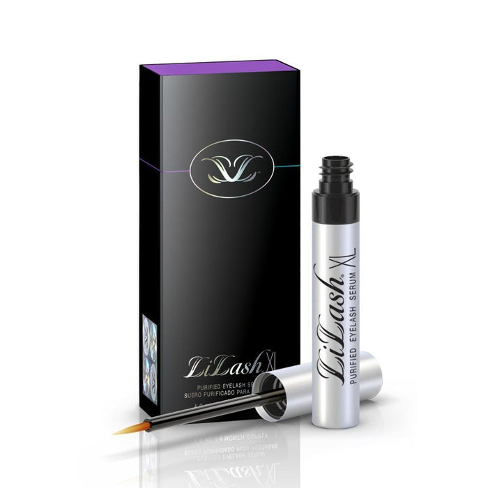 LiLash Purified Eyelash Serum (3 & 6 Month Supply) | LiLash Beauty tube with applicator and black box packaging, designed for eyelash enhancement in skincare routine.