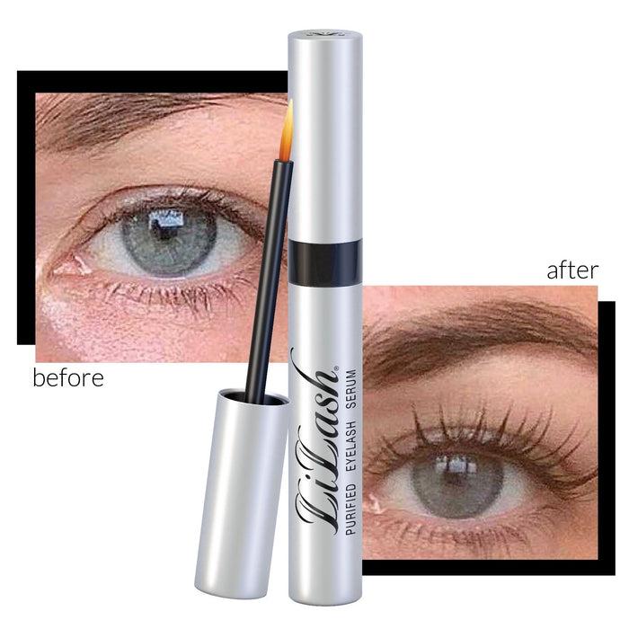 Close-up before and after comparison of eyelashes showing noticeable length and fullness improvement using LiLash Purified Eyelash Serum (3 & 6 Month Supply) | LiLash Beauty with the serum applicator brush beside the tube.