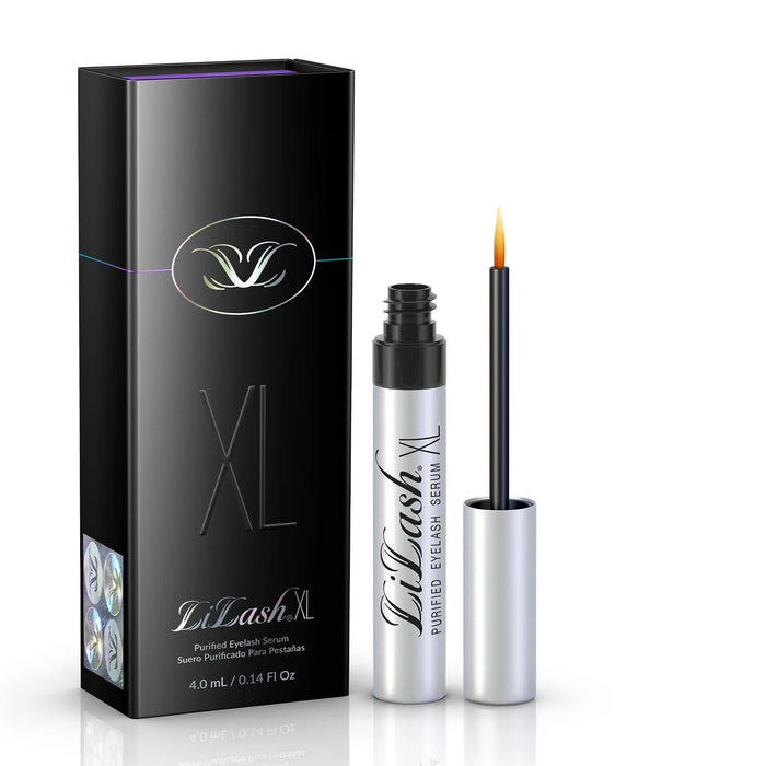 LiLash Purified Eyelash Serum (3 & 6 Month Supply) | LiLash Beauty packaging and open silver tube with fine brush applicator for eyelash enhancement and skincare.