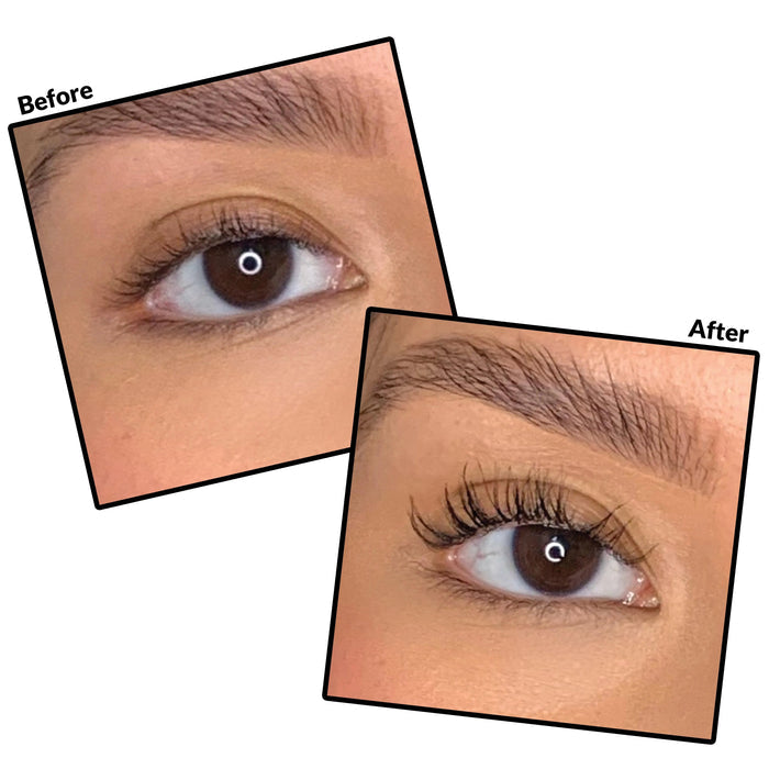 Close-up comparison of a brown eye before and after using LiLash Purified Eyelash Serum (3 & 6 Month Supply) | LiLash Beauty, showing visibly longer and fuller eyelashes.