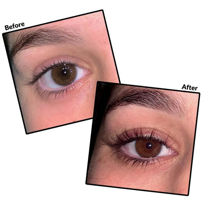Close-up comparison of a brown eye before and after using LiLash Purified Eyelash Serum (3 & 6 Month Supply) | LiLash Beauty, showing visibly longer and fuller eyelashes.