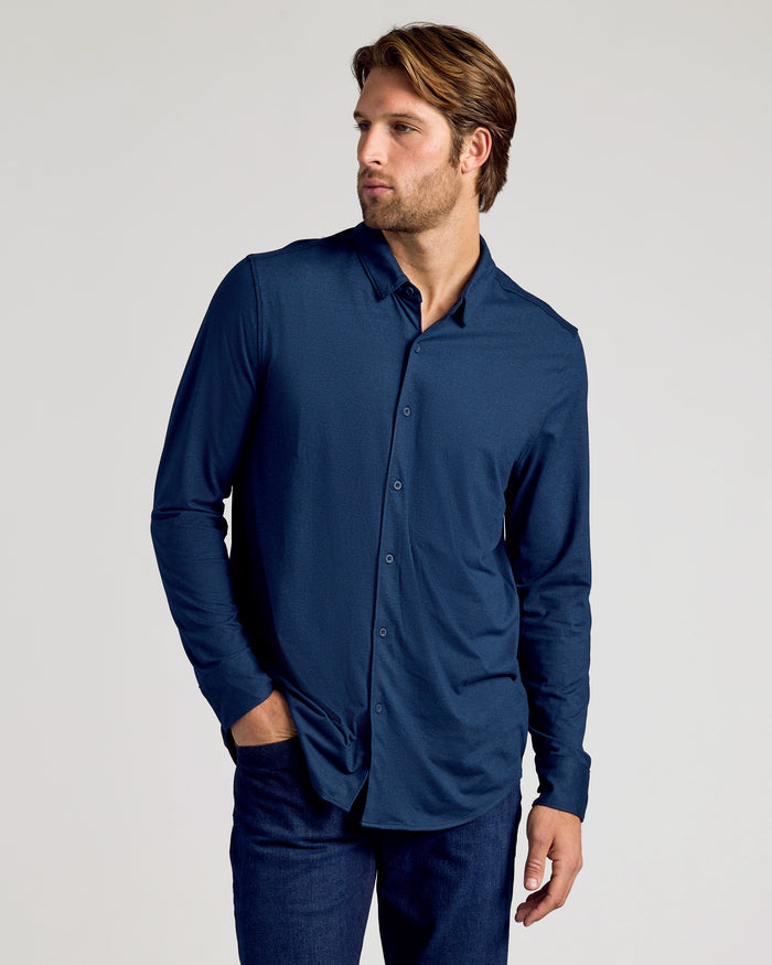 Model in Staple Long Sleeve Do-It-All Comfort Shirt and jeans.
