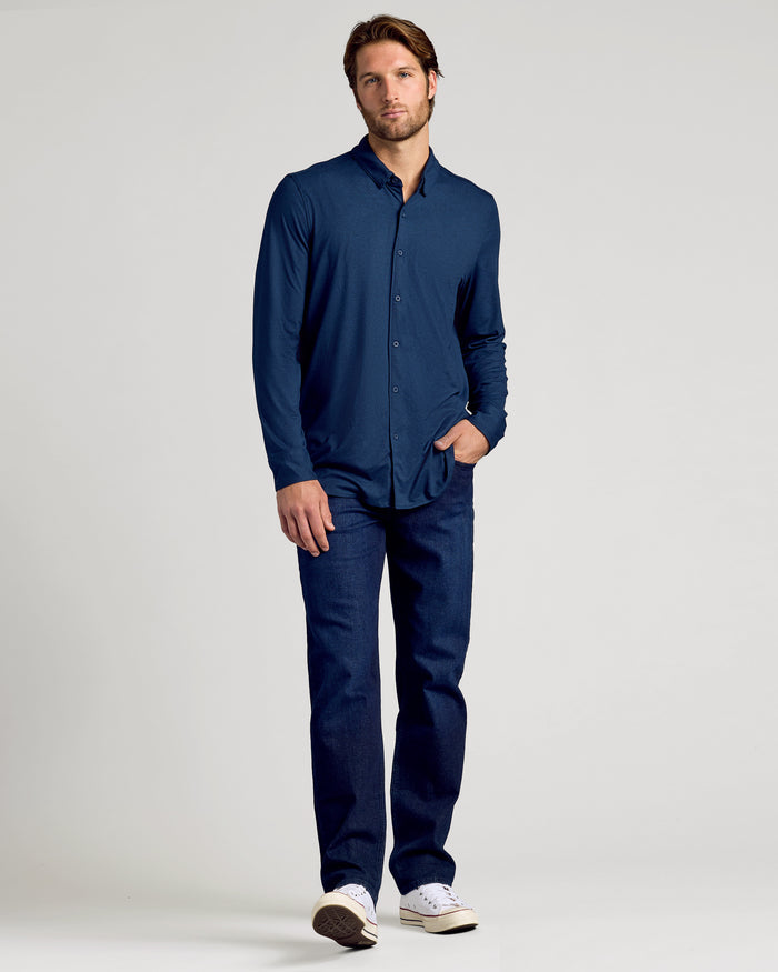 Young man wearing Staple Long Sleeve Do-It-All Comfort Shirt.