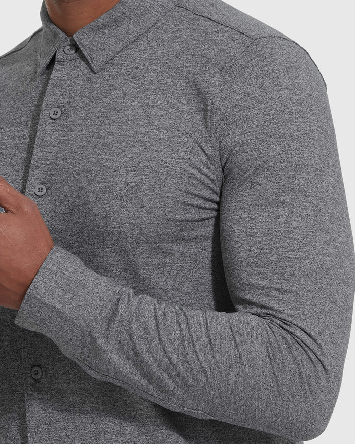 Heather Gray Long Sleeve Do-It-All Comfort Shirt with button-down front.