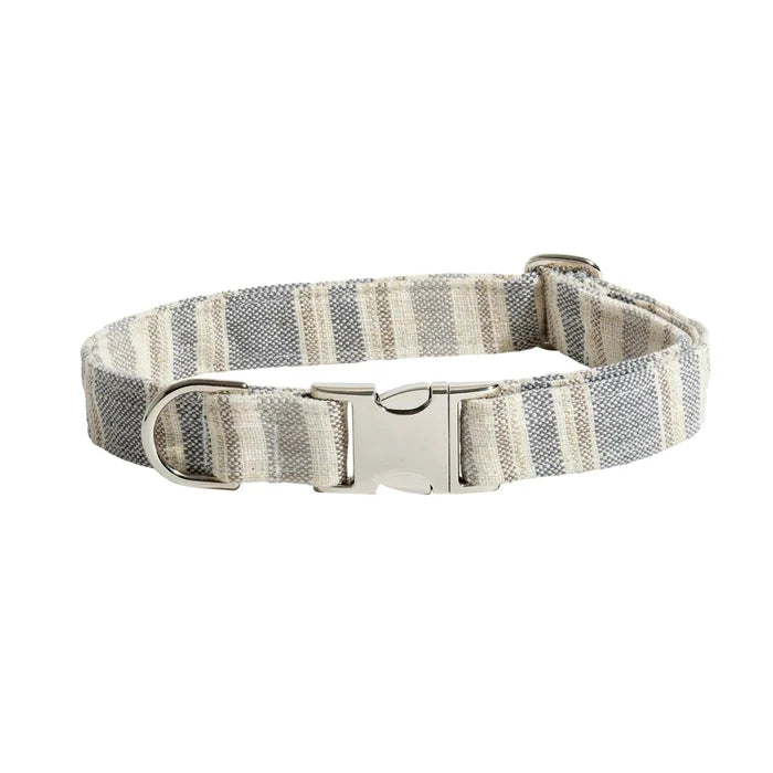 Striped dog collar with a metal buckle on a white background