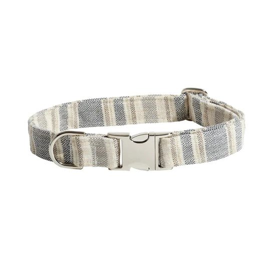 Striped dog collar with a metal buckle on a white background