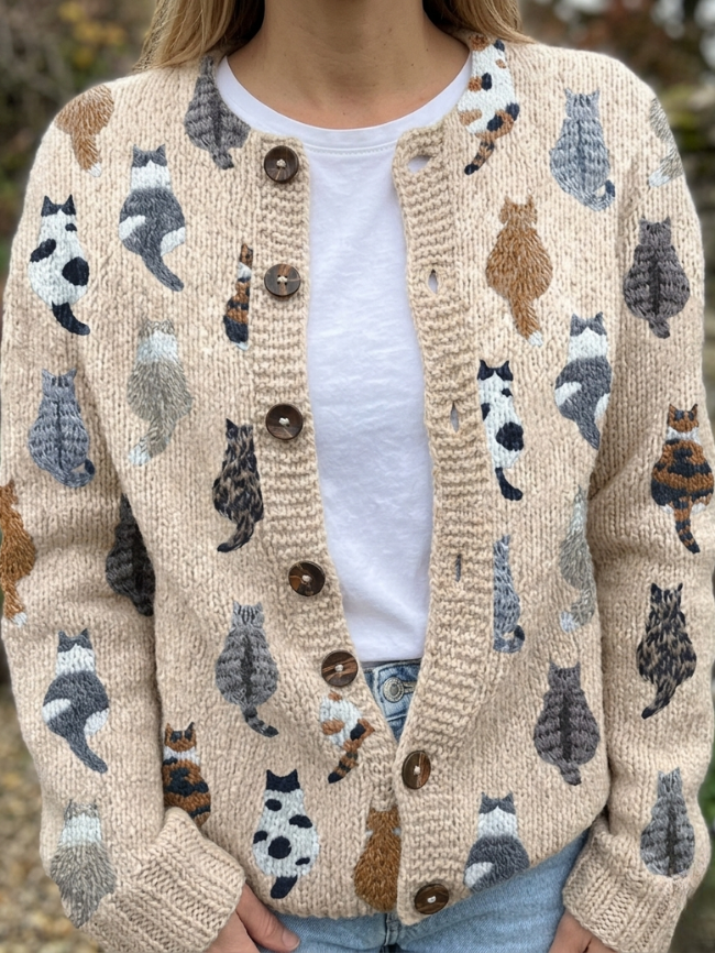 Mabel | Cat-Print Button Cardigan