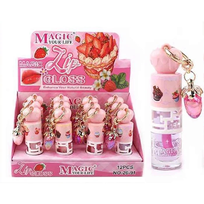 Magic Your Life Dessert Lip Gloss Keychain Set – Strawberry Scented Hydrating Gloss Tube with Charm Cap (9.5cm Portable Lip Care) (SN31)