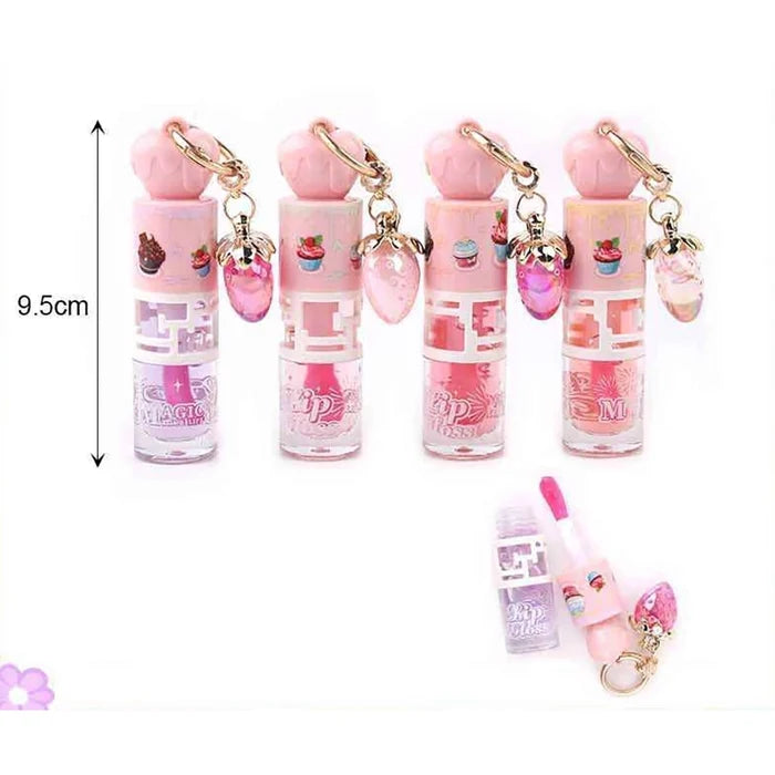 Magic Your Life Dessert Lip Gloss Keychain Set – Strawberry Scented Hydrating Gloss Tube with Charm Cap (9.5cm Portable Lip Care) (SN31)