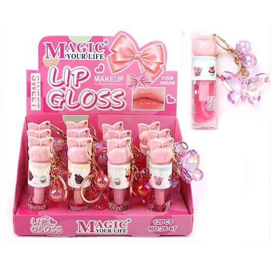 Magic Your Life Mini Lip Gloss Keychain Set – Cute Butterfly & Bead Charm Travel Lip Tint (9.5cm, Pack of 12) (SN32)