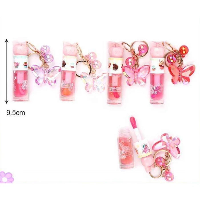 Magic Your Life Mini Lip Gloss Keychain Set – Cute Butterfly & Bead Charm Travel Lip Tint (9.5cm, Pack of 12) (SN32)