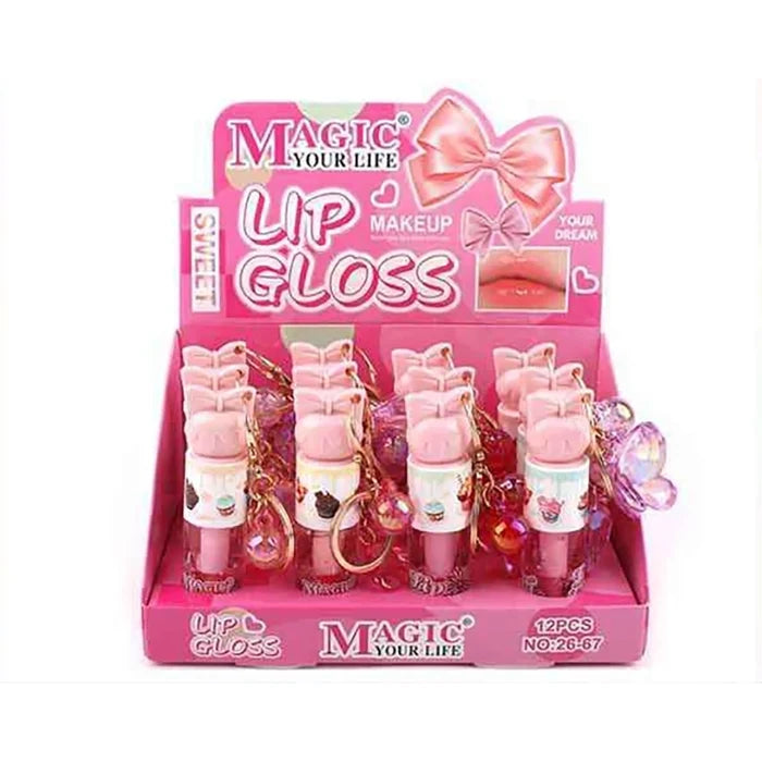 Magic Your Life Mini Lip Gloss Keychain Set – Cute Butterfly & Bead Charm Travel Lip Tint (9.5cm, Pack of 12) (SN32)