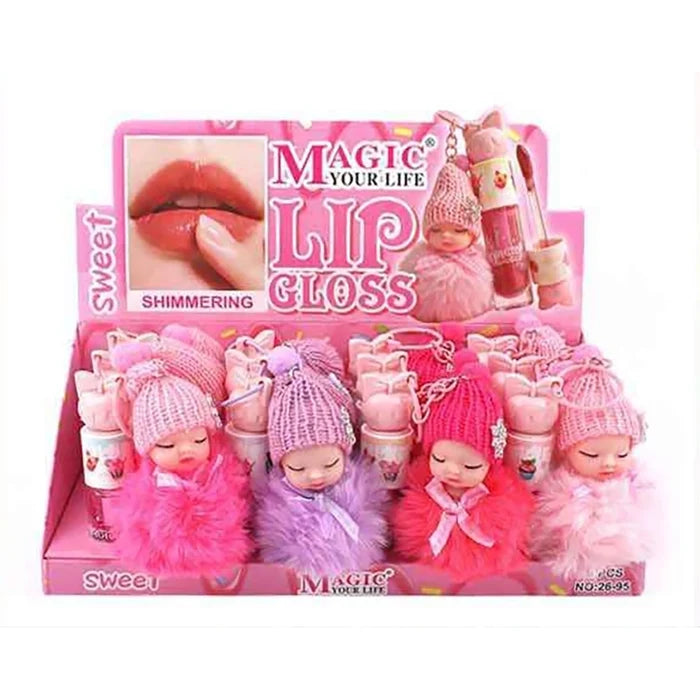 Magic Your Life Sleeping Baby Doll Lip Gloss Keychain Set – Cute Fluffy Pom Pom Shimmering Liquid Lip Tint & Keyring Charm for Girls & Teens (9.5cm) (SN29)