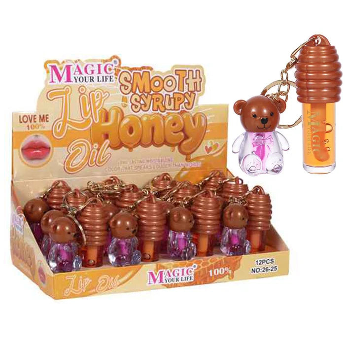 Magic Your Life Smooth & Syrupy Honey Lip Oil Keychain – Cute Teddy Bear Honey Pot Lip Gloss, High-Shine Moisturizing Lip Care, 12-Piece Display Box (LG47)