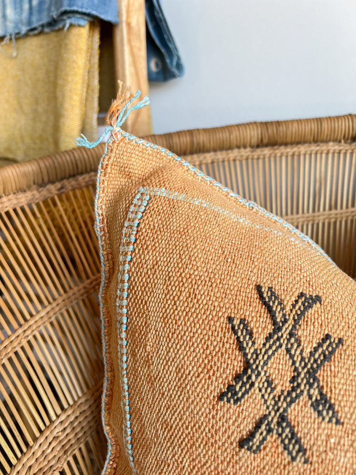 Artisanal Handmade Moroccan embroidered cactus silk sabra lumbar pillow orange handwoven boho eclectic decor