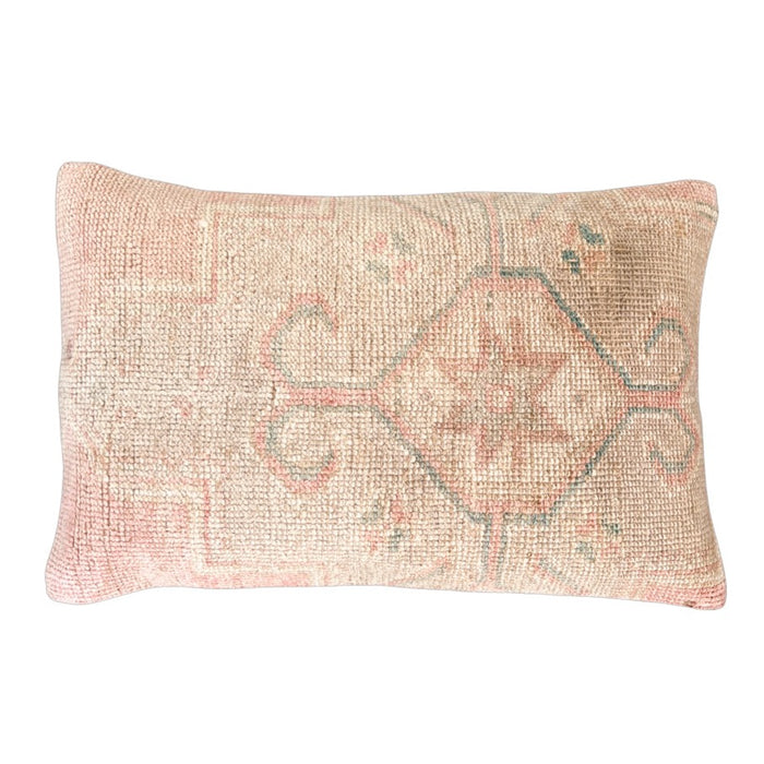 Handmade Turkish oushak pillow cover made with vintage rugs 16x24 beige and pink