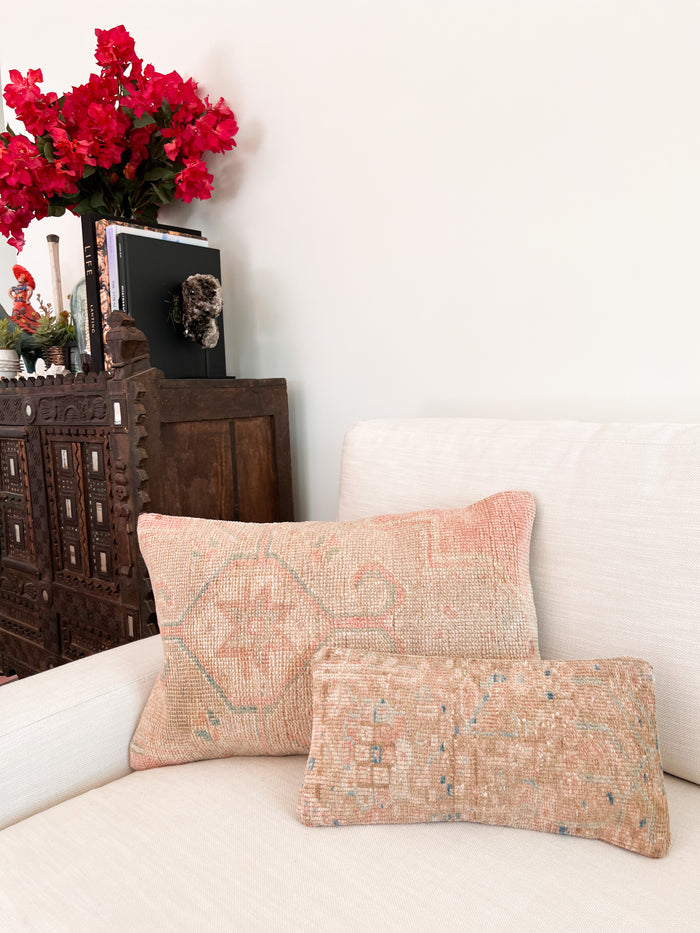Handmade Turkish oushak pillow cover made with vintage rugs 16x24 beige and pink