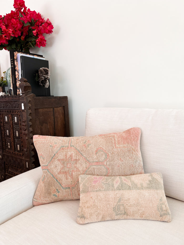 Handmade Turkish oushak pillow cover made with vintage rugs 16x24 beige and pink