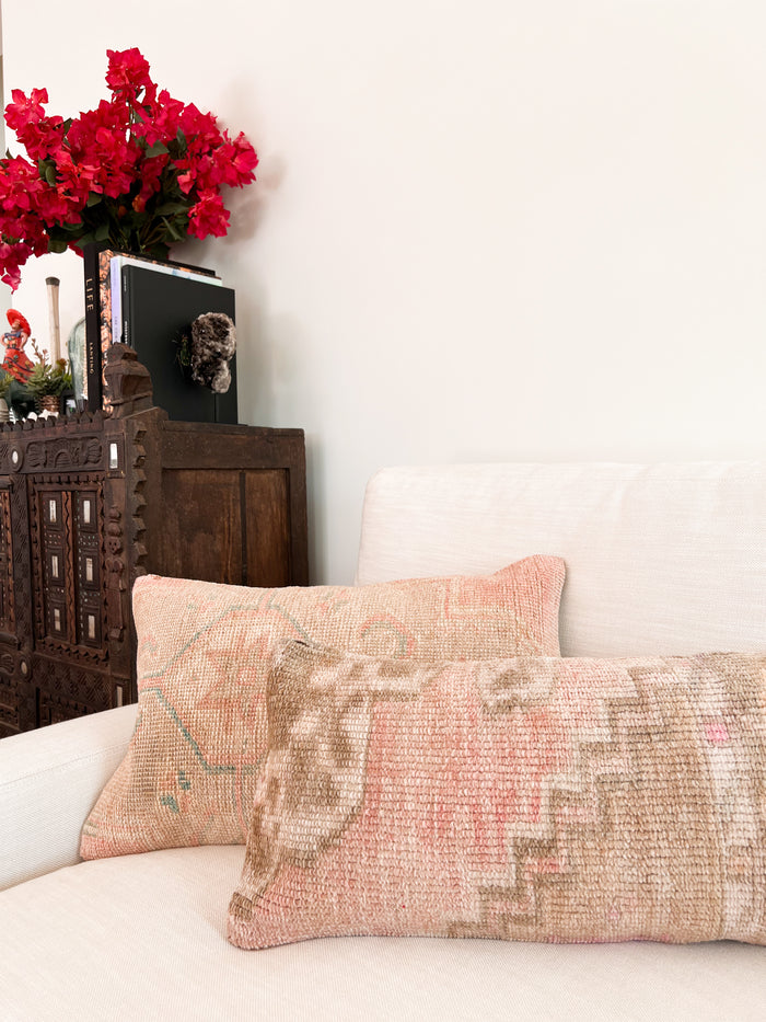 Handmade Turkish oushak pillow cover made with vintage rugs 16x24 beige and pink