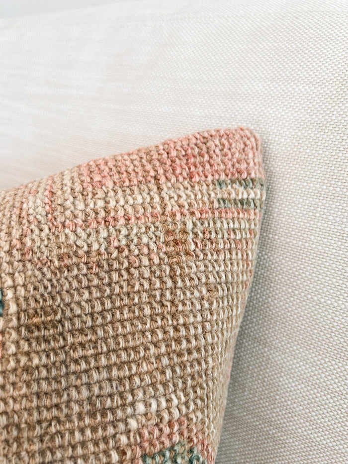 Handmade Turkish oushak pillow cover made with vintage rugs 16x24 beige and pink