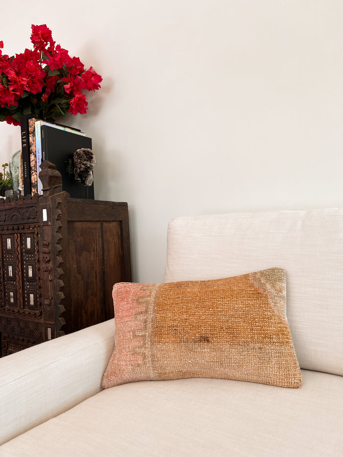 Handmade Turkish oushak pillow cover made with vintage rugs 12x20 gold tan