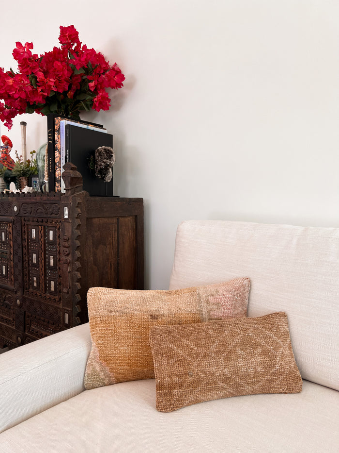 Handmade Turkish oushak pillow cover made with vintage rugs 12x20 gold tan