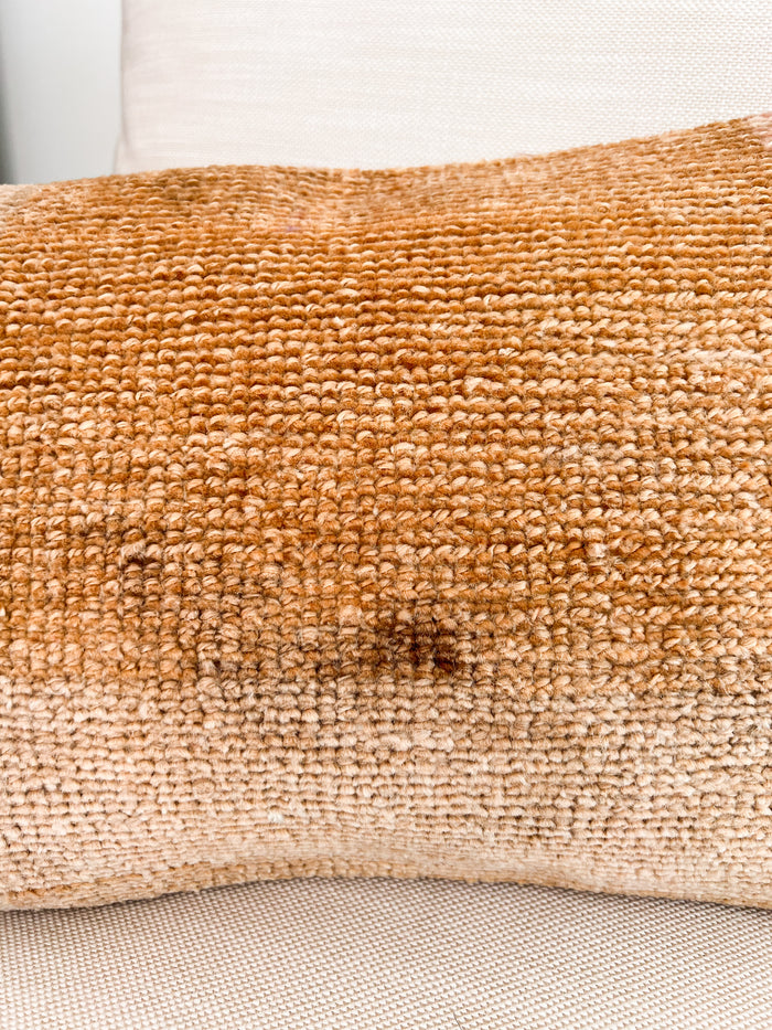 Handmade Turkish oushak pillow cover made with vintage rugs 12x20 gold tan
