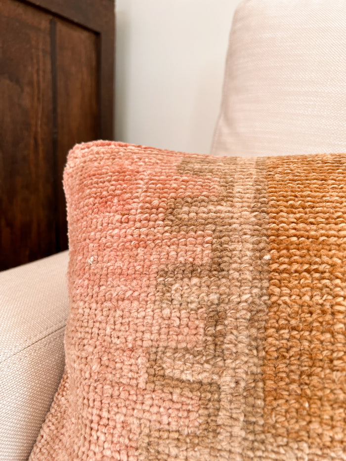 Handmade Turkish oushak pillow cover made with vintage rugs 12x20 gold tan