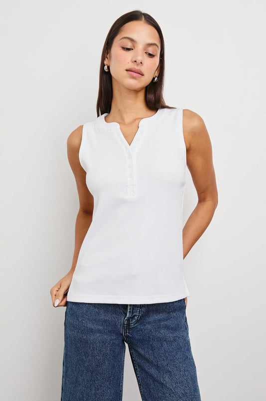 Mayla Sleeveless Top With 3/4 Front Buttons In Colorway White - Front View Untucked Featured On Model