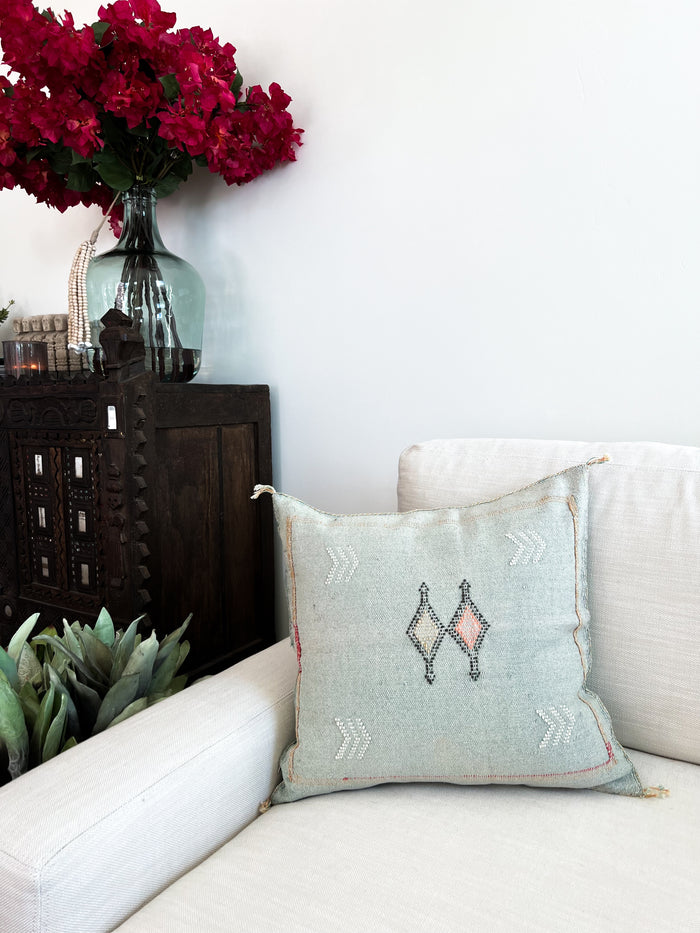 Artisan Handmade Moroccan embroidered cactus silk sabra pillow green handwoven