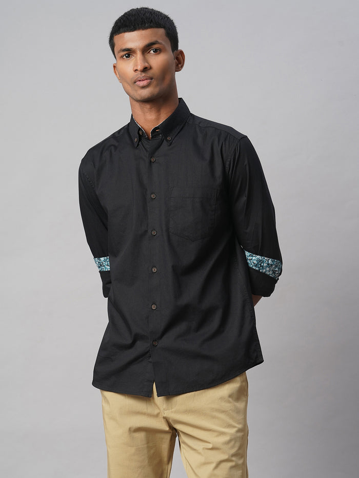 Men's 100% Cotton Regular Fit Contrast Cuff Shirt Black