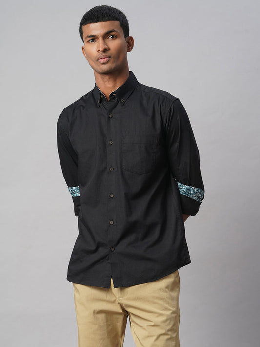 Men's 100% Cotton Regular Fit Contrast Cuff Shirt Black