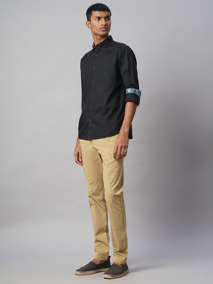 Men's 100% Cotton Regular Fit Contrast Cuff Shirt Black