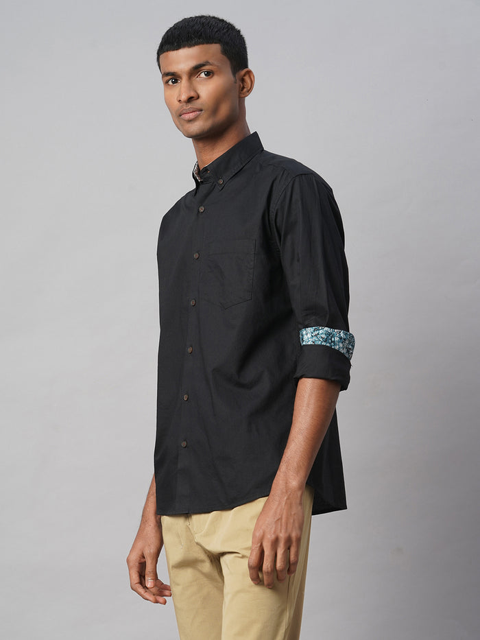 Men's 100% Cotton Regular Fit Contrast Cuff Shirt Black