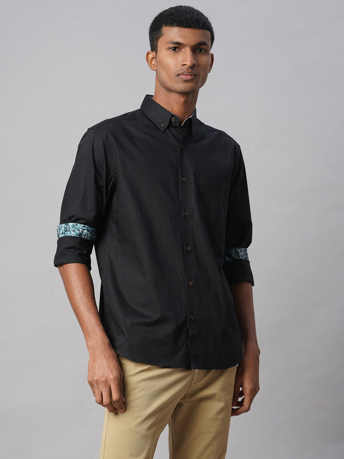 Men's 100% Cotton Regular Fit Contrast Cuff Shirt Black