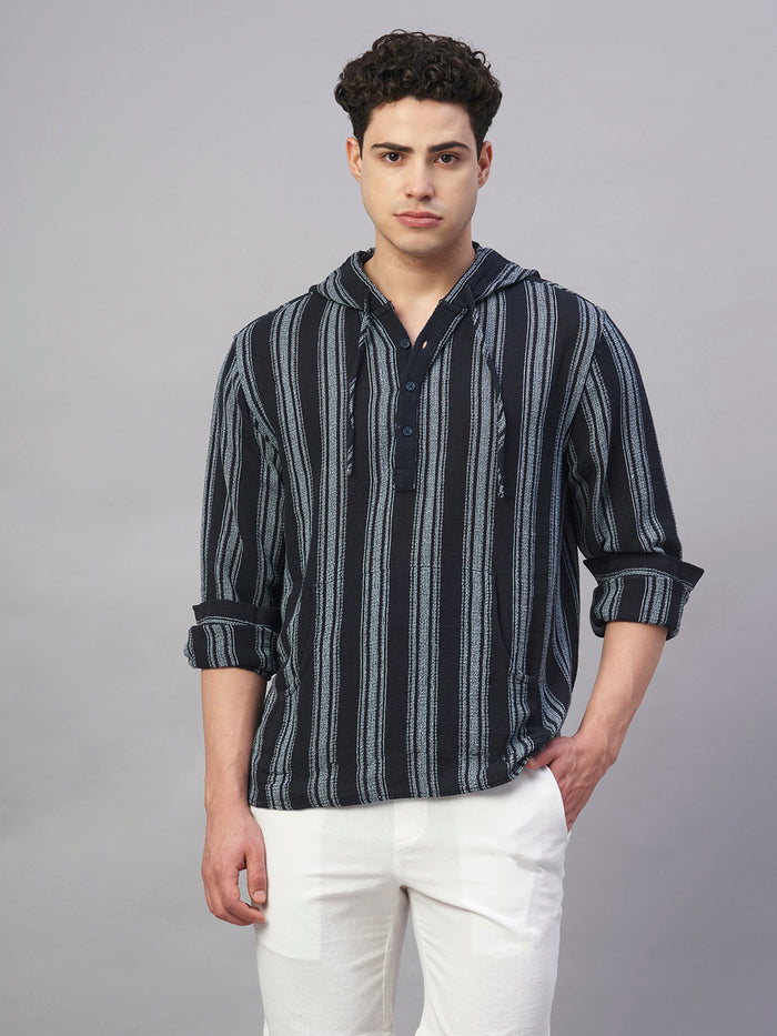 Men's 100% Cotton Regular Fit Hooded Stripe Shirt Navy