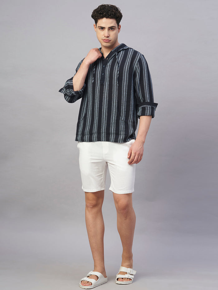 Men's 100% Cotton Regular Fit Hooded Stripe Shirt Navy