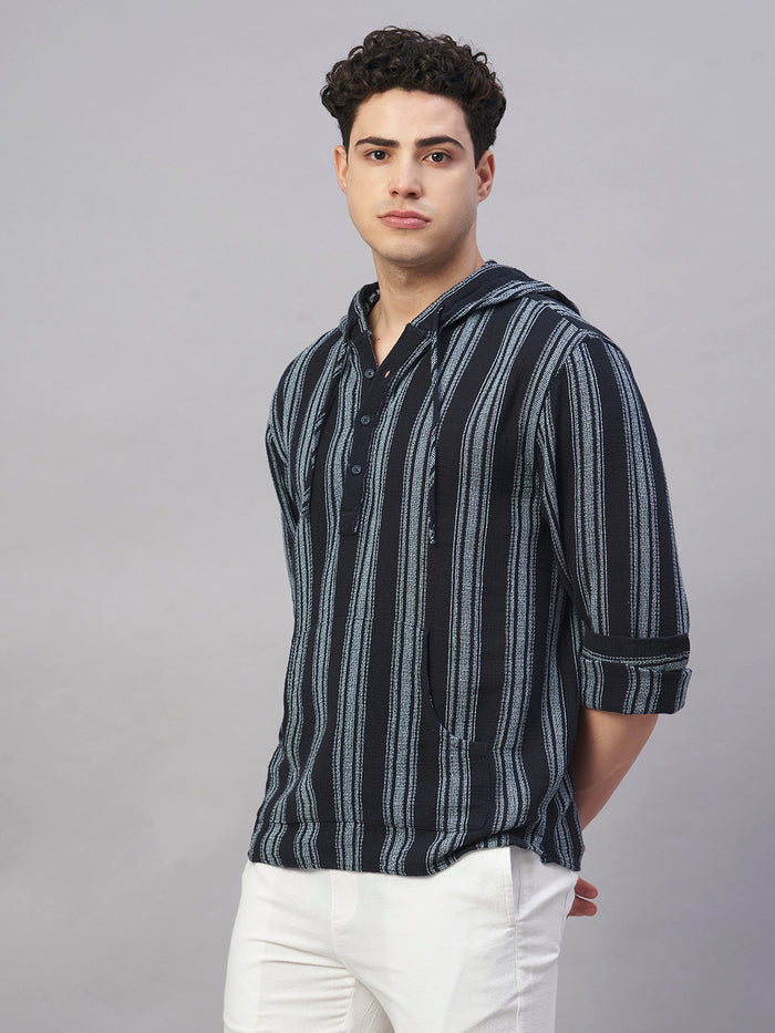 Men's 100% Cotton Regular Fit Hooded Stripe Shirt Navy
