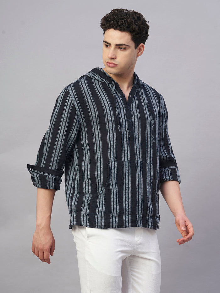 Men's 100% Cotton Regular Fit Hooded Stripe Shirt Navy