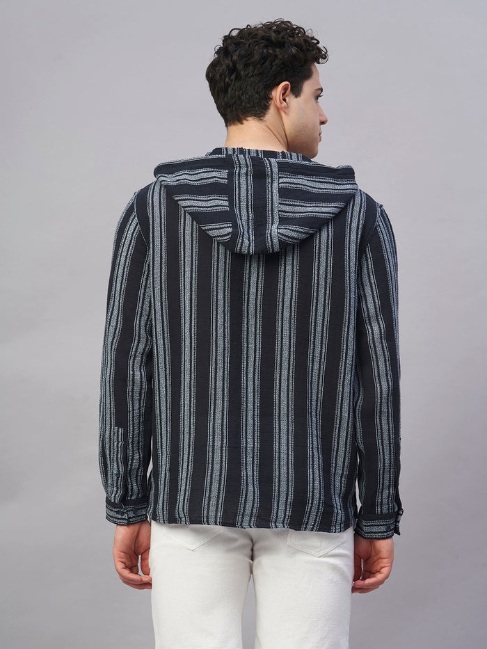 Men's 100% Cotton Regular Fit Hooded Stripe Shirt Navy