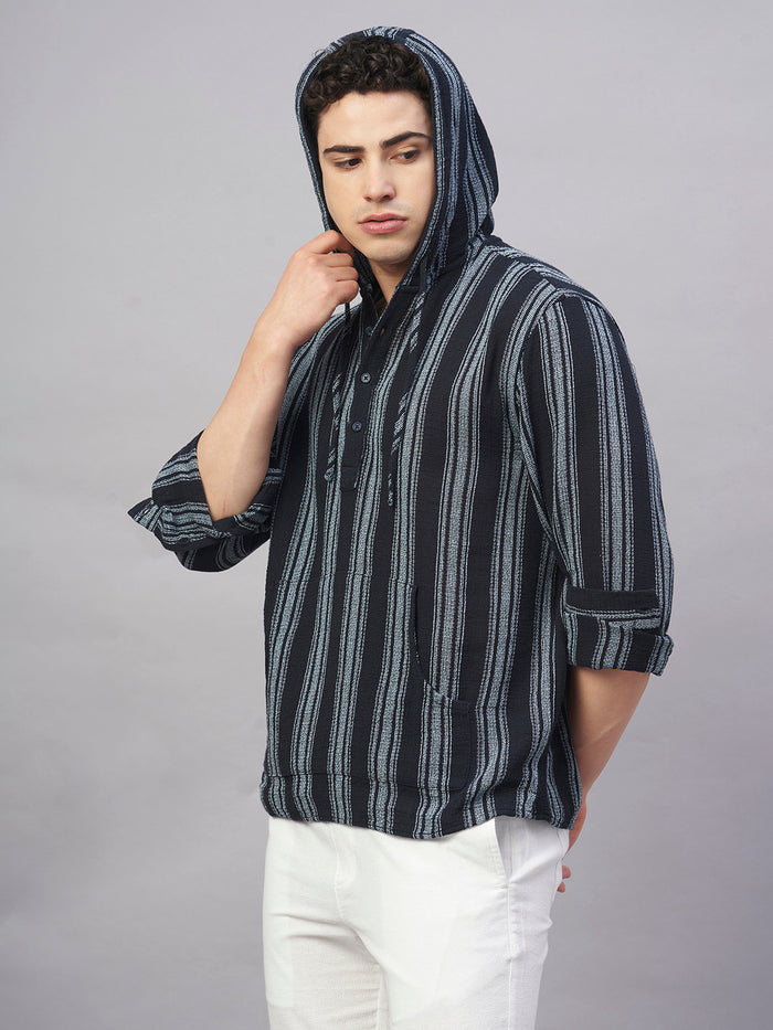 Men's 100% Cotton Regular Fit Hooded Stripe Shirt Navy