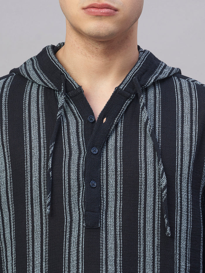 Men's 100% Cotton Regular Fit Hooded Stripe Shirt Navy