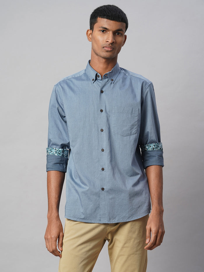 Men's 100% Cotton Regular Fit Textured Button Shirt Blue