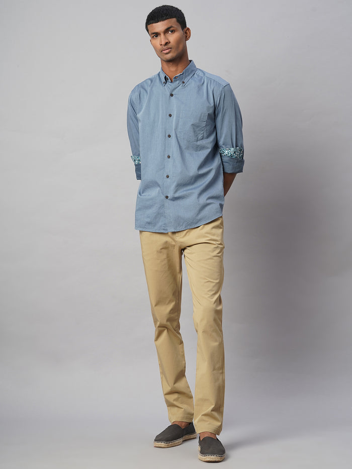 Men's 100% Cotton Regular Fit Textured Button Shirt Blue