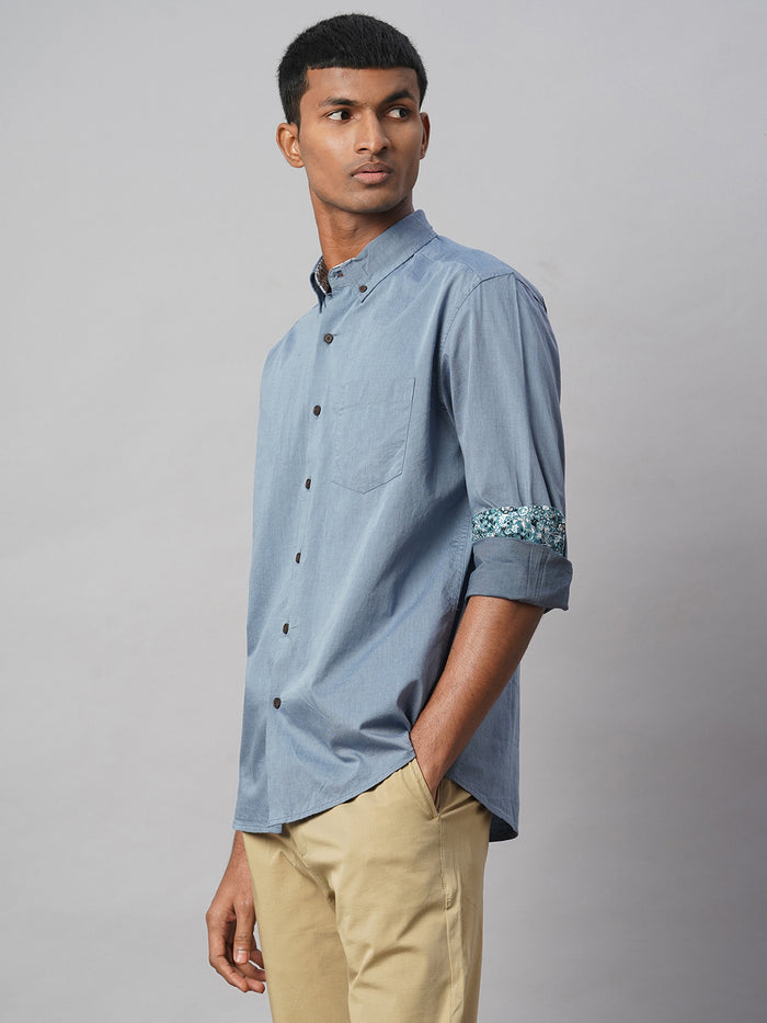 Men's 100% Cotton Regular Fit Textured Button Shirt Blue