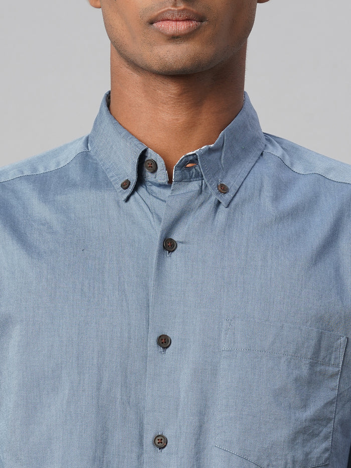 Men's 100% Cotton Regular Fit Textured Button Shirt Blue