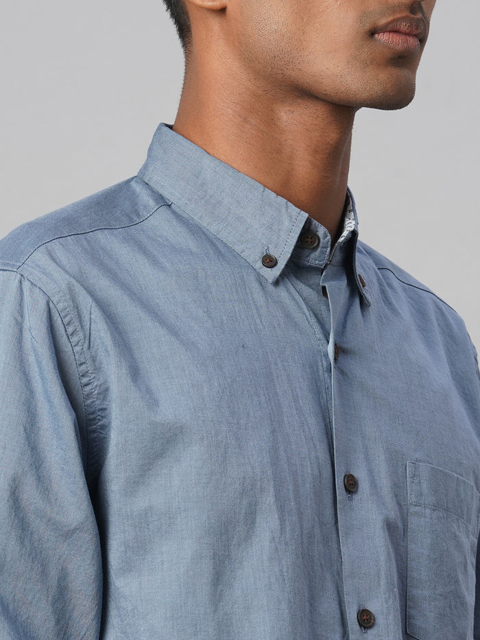 Men's 100% Cotton Regular Fit Textured Button Shirt Blue