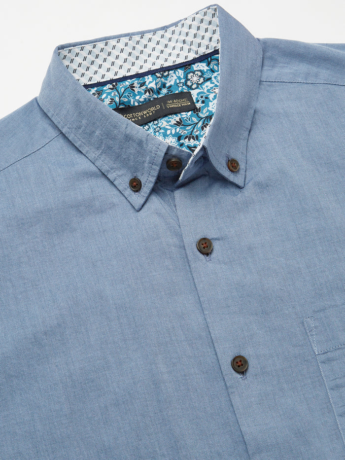Men's 100% Cotton Regular Fit Textured Button Shirt Blue