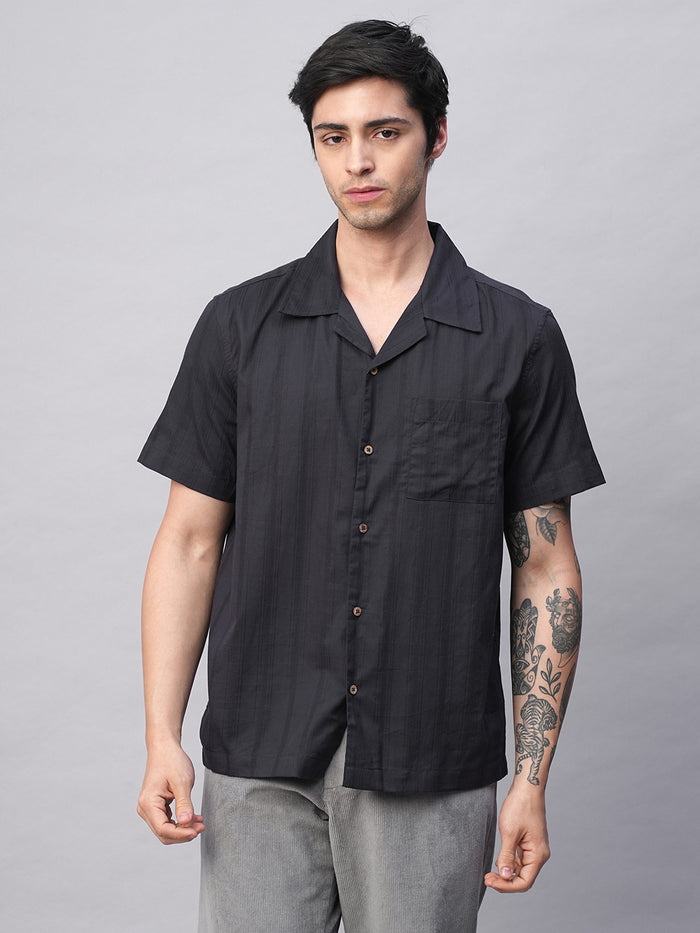 Men's 100% Cotton Stripe Regular Fit Cuban Collar Shirt Navy